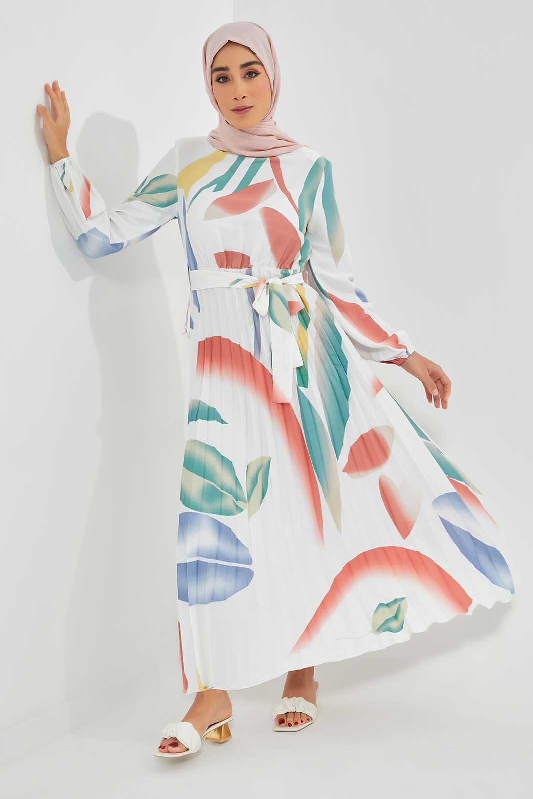 Multicolour Marble Printed Pleated Dress
