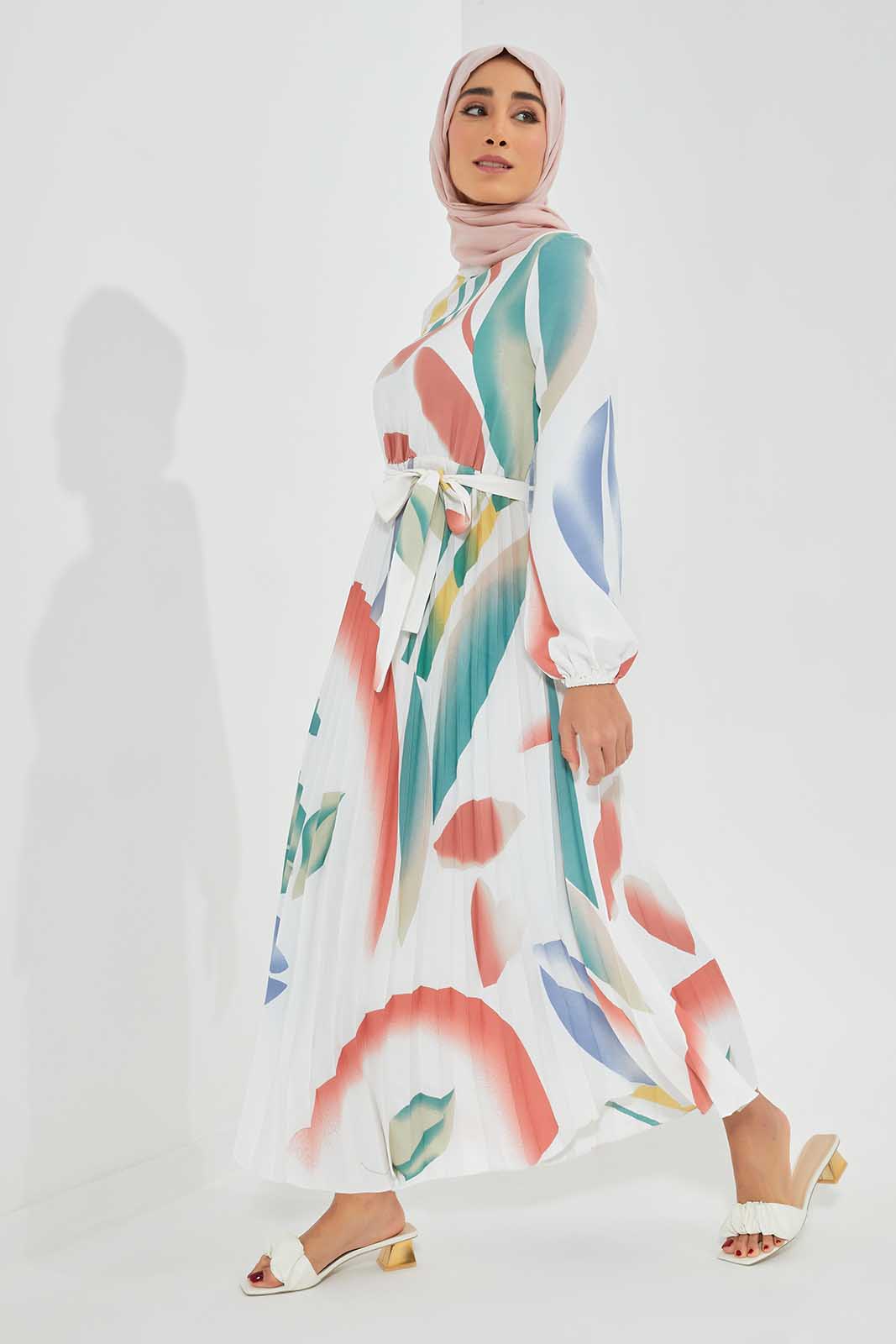 Multicolour Marble Printed Pleated Dress
