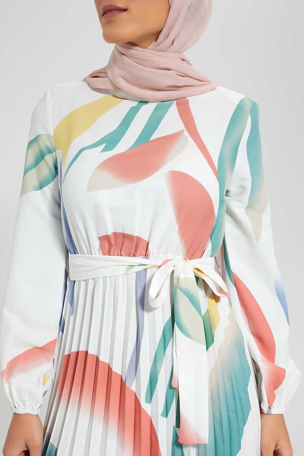 Multicolour Marble Printed Pleated Dress
