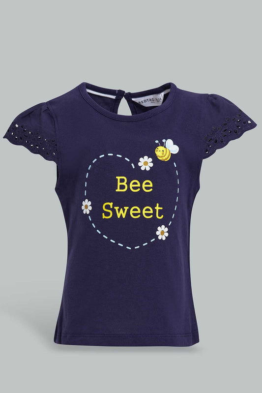 Redtag-Navy-Bee-Print-T-Shirt-Category:T-Shirts,-Colour:Navy,-Deals:New-In,-Filter:Infant-Girls-(3-to-24-Mths),-ING-T-Shirts,-New-In-ING-APL,-Non-Sale,-Section:Girls-(0-to-14Yrs),-W22O-Infant-Girls-3 to 24 Months