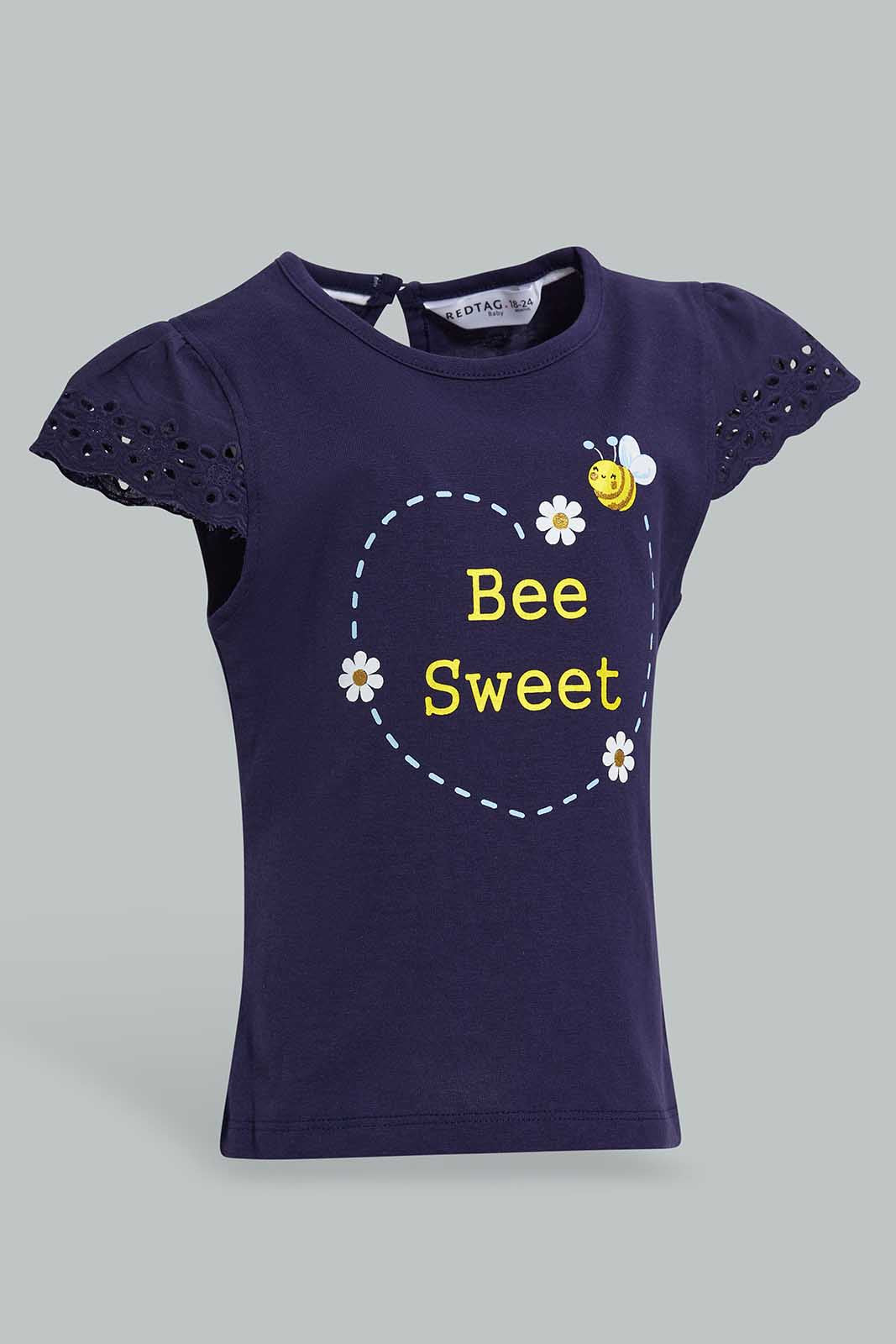 Redtag-Navy-Bee-Print-T-Shirt-Category:T-Shirts,-Colour:Navy,-Deals:New-In,-Filter:Infant-Girls-(3-to-24-Mths),-ING-T-Shirts,-New-In-ING-APL,-Non-Sale,-Section:Girls-(0-to-14Yrs),-W22O-Infant-Girls-3 to 24 Months