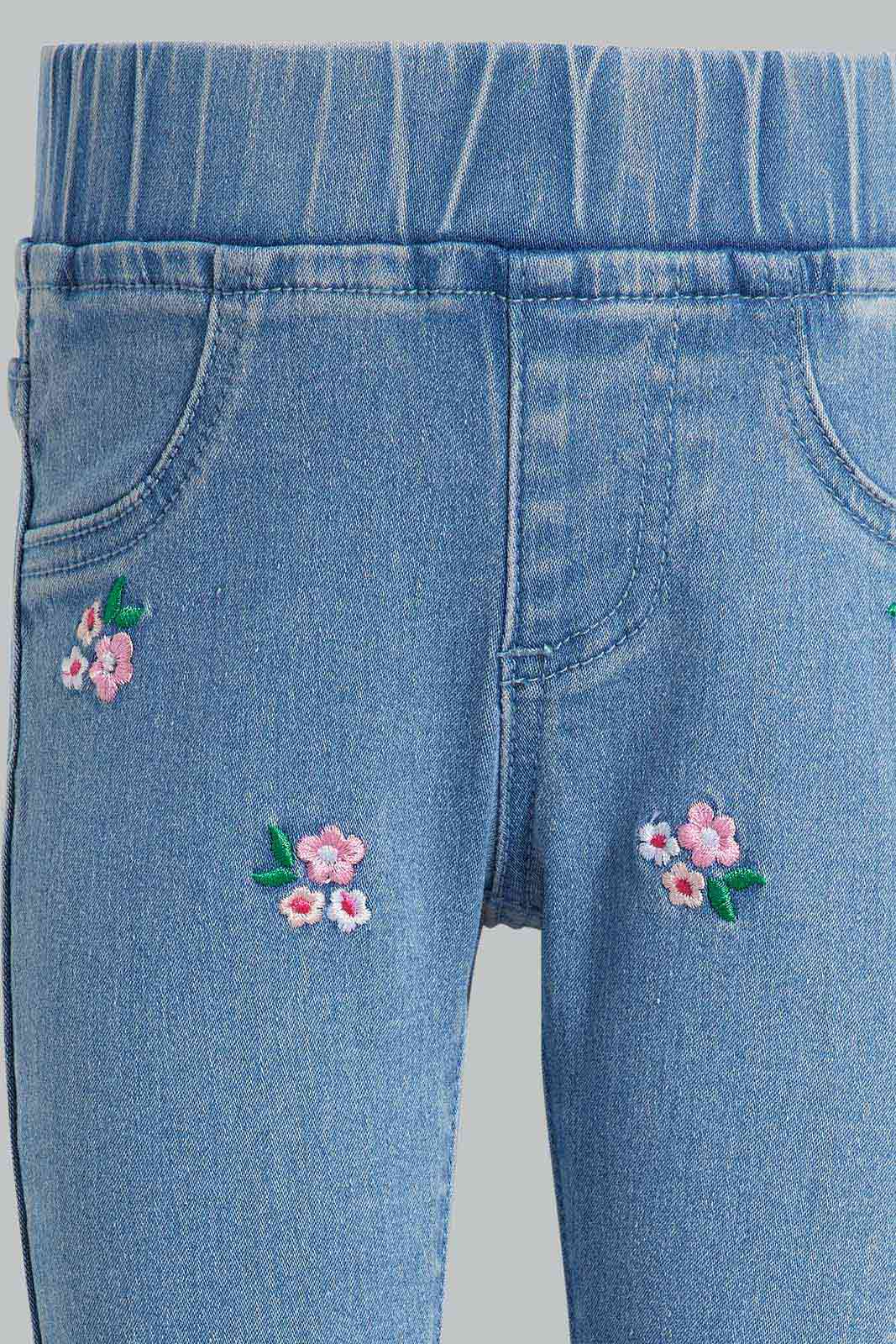Redtag-Blue-Floral-Embroidery-Category:Jeggings,-Colour:Blue,-Deals:New-In,-Filter:Infant-Girls-(3-to-24-Mths),-ING-Jeggings,-New-In-ING-APL,-Non-Sale,-Section:Girls-(0-to-14Yrs),-W22O-Infant-Girls-3 to 24 Months