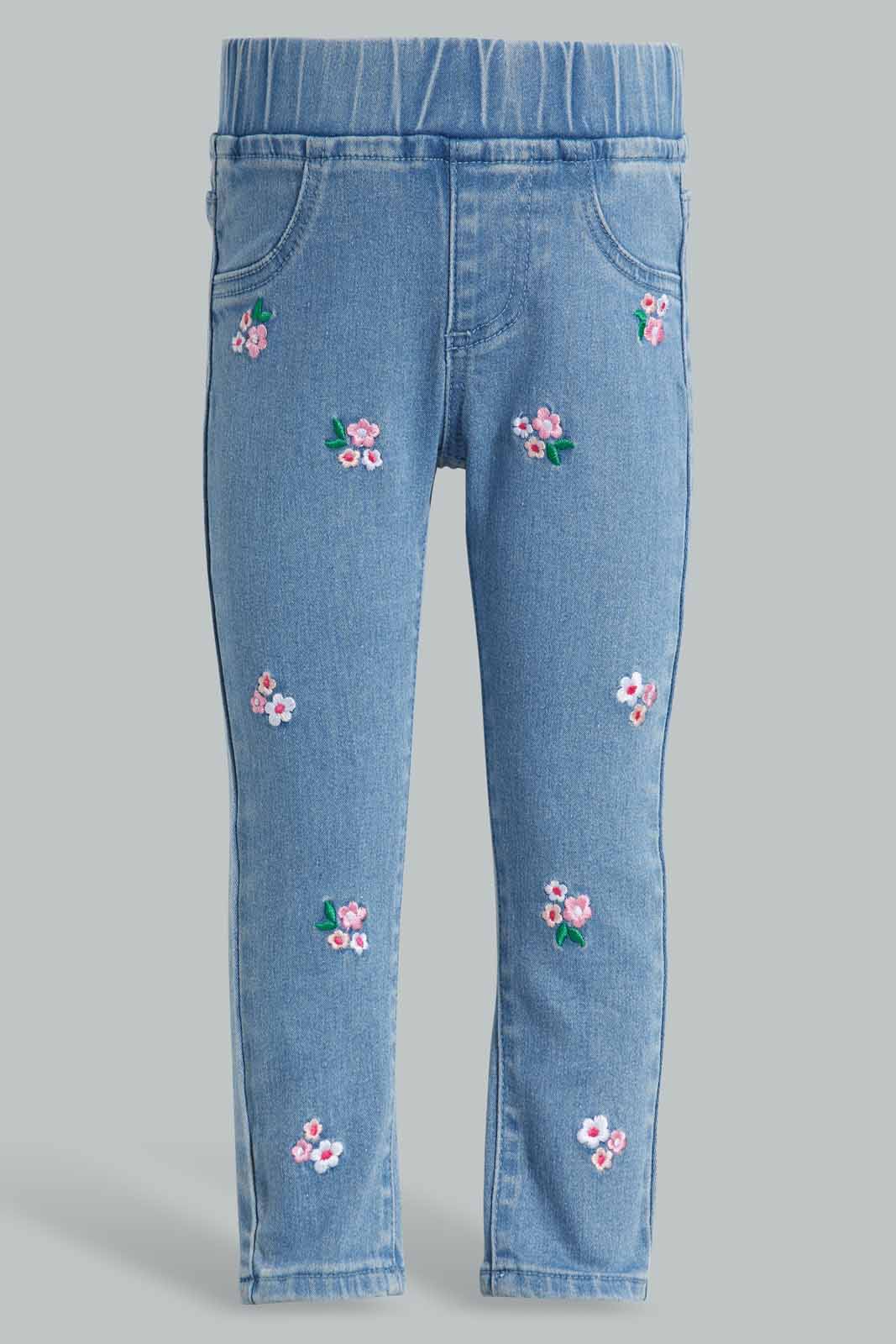Redtag-Blue-Floral-Embroidery-Category:Jeggings,-Colour:Blue,-Deals:New-In,-Filter:Infant-Girls-(3-to-24-Mths),-ING-Jeggings,-New-In-ING-APL,-Non-Sale,-Section:Girls-(0-to-14Yrs),-W22O-Infant-Girls-3 to 24 Months
