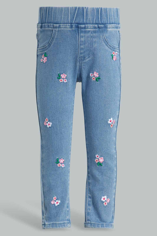 Redtag-Blue-Floral-Embroidery-Category:Jeggings,-Colour:Blue,-Deals:New-In,-Filter:Infant-Girls-(3-to-24-Mths),-ING-Jeggings,-New-In-ING-APL,-Non-Sale,-Section:Girls-(0-to-14Yrs),-W22O-Infant-Girls-3 to 24 Months