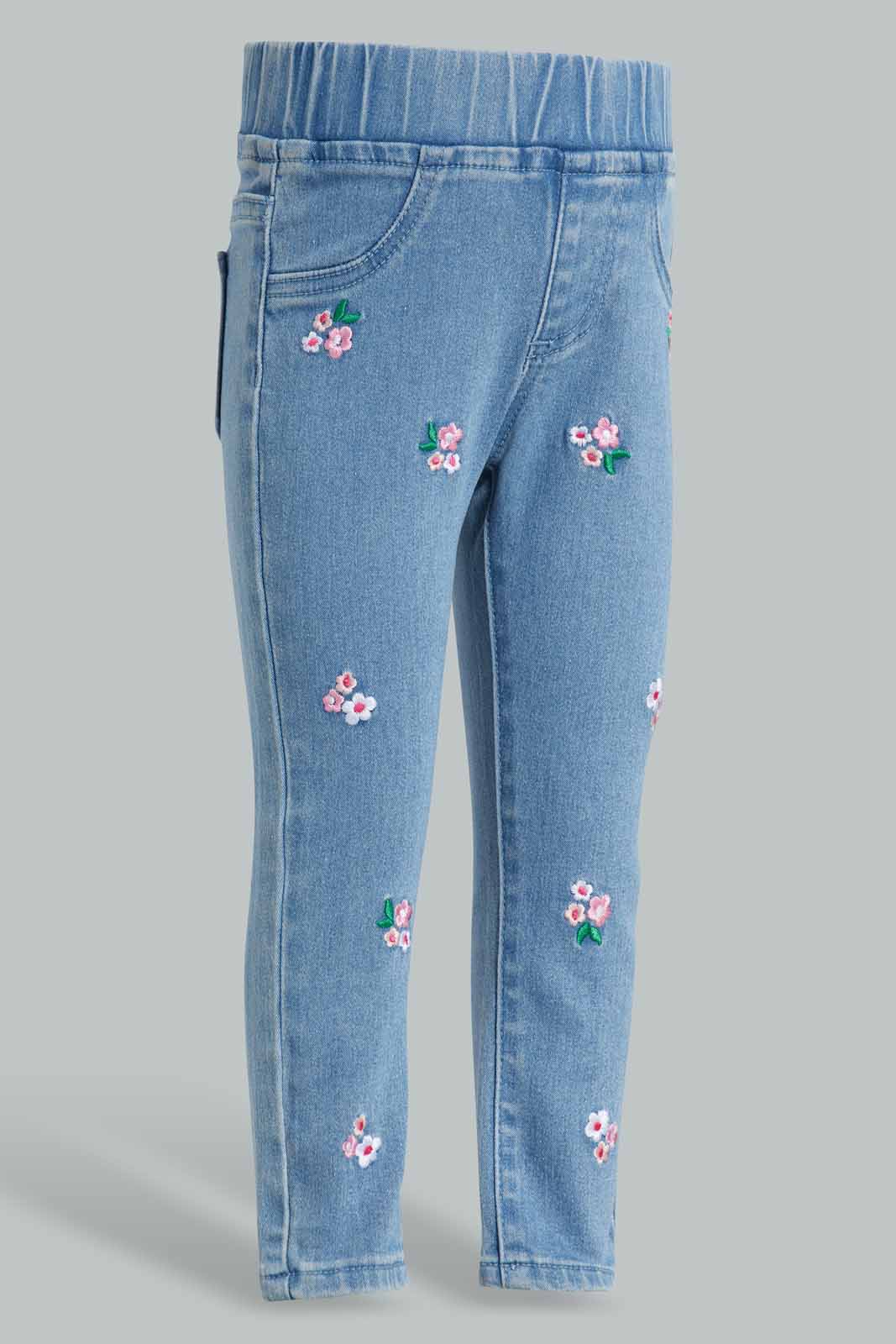 Redtag-Blue-Floral-Embroidery-Category:Jeggings,-Colour:Blue,-Deals:New-In,-Filter:Infant-Girls-(3-to-24-Mths),-ING-Jeggings,-New-In-ING-APL,-Non-Sale,-Section:Girls-(0-to-14Yrs),-W22O-Infant-Girls-3 to 24 Months
