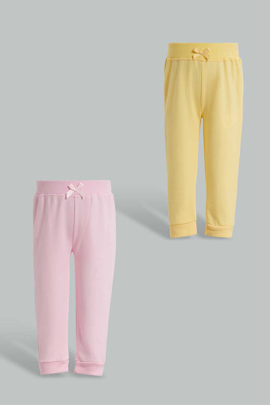 Redtag-Yellow-&-Pink-Solid-Colour-2Pcs-Pack-Track-Pants-Category:Joggers,-Colour:Assorted,-Deals:New-In,-Filter:Infant-Girls-(3-to-24-Mths),-ING-Joggers,-New-In-ING-APL,-Non-Sale,-Section:Girls-(0-to-14Yrs),-W22O-Infant-Girls-3 to 24 Months