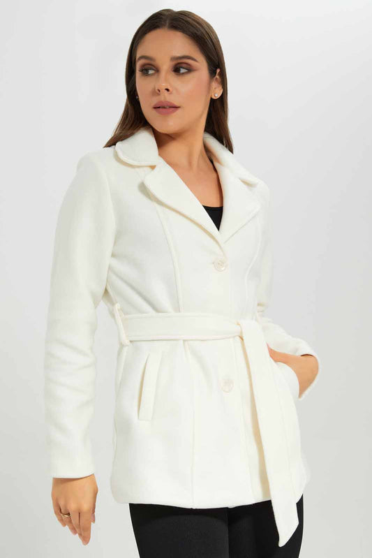 Redtag-Ivory-L/S-Plain-Notch-Collar-Belted-Coat-Category:Jackets,-Colour:Ivory,-Deals:New-In,-EHW,-Filter:Women's-Clothing,-New-In-Women-APL,-Non-Sale,-Section:Women,-W22B,-Women-Jackets-Women's-