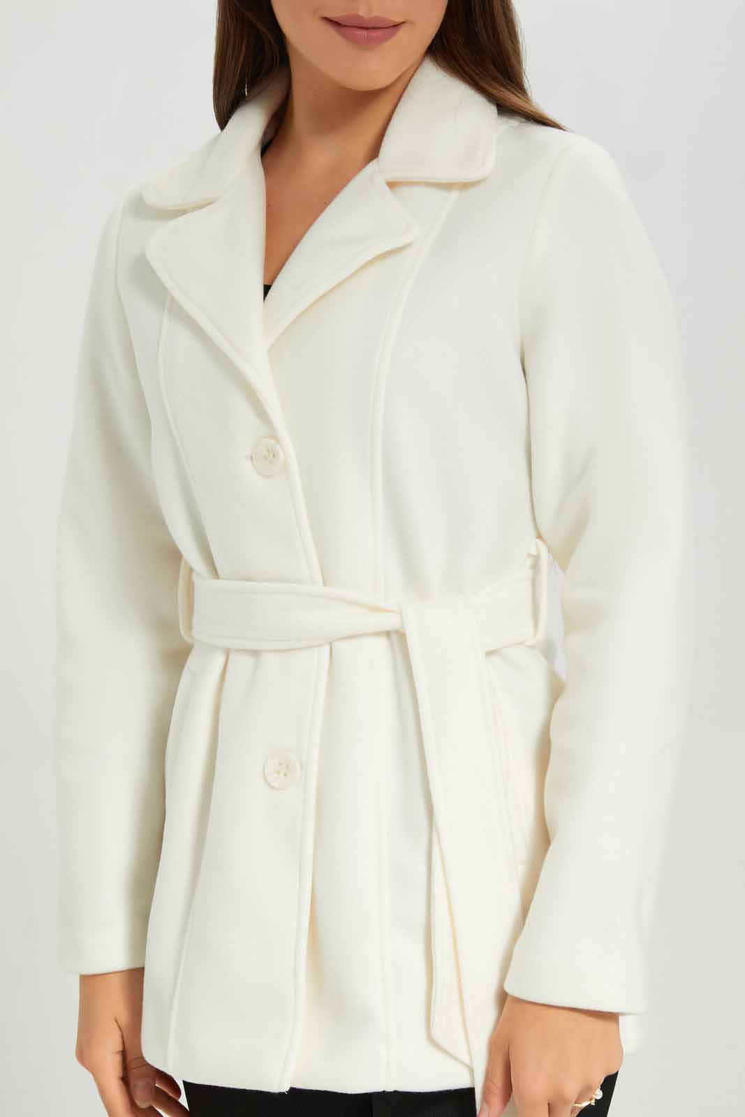 Redtag-Ivory-L/S-Plain-Notch-Collar-Belted-Coat-Category:Jackets,-Colour:Ivory,-Deals:New-In,-EHW,-Filter:Women's-Clothing,-New-In-Women-APL,-Non-Sale,-Section:Women,-W22B,-Women-Jackets-Women's-