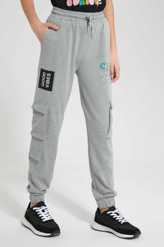 Redtag-Grey-Melange-Cargo-Pocket-with-Zipper-Category:Joggers,-Colour:Grey,-Deals:New-In,-Filter:Senior-Girls-(9-to-14-Yrs),-GSR-Joggers,-New-In-GSR-APL,-Non-Sale,-Section:Girls-(0-to-14Yrs),-W22O-Senior-Girls-9 to 14 Years