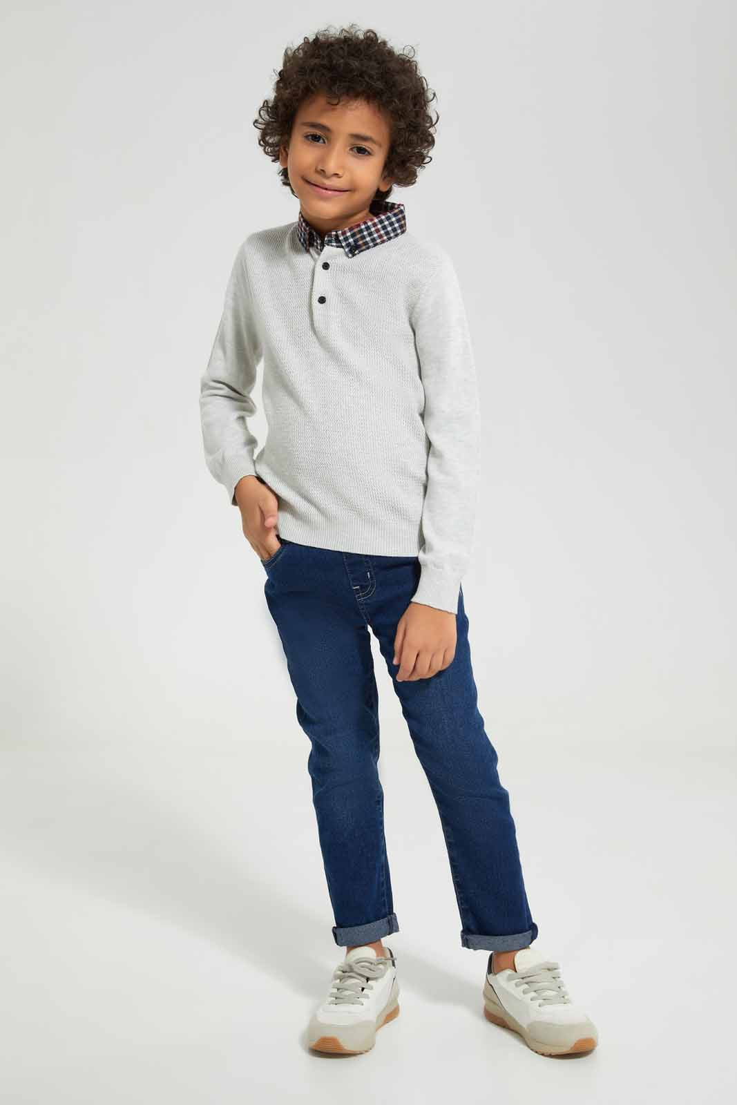 Redtag-Grey-Woven-Collar-Pullover-BOY-Pullovers,-Category:Pullovers,-Colour:Grey,-Deals:New-In,-Filter:Boys-(2-to-8-Yrs),-New-In-BOY-APL,-Non-Sale,-Section:Boys-(0-to-14Yrs),-W22A-Boys-2 to 8 Years