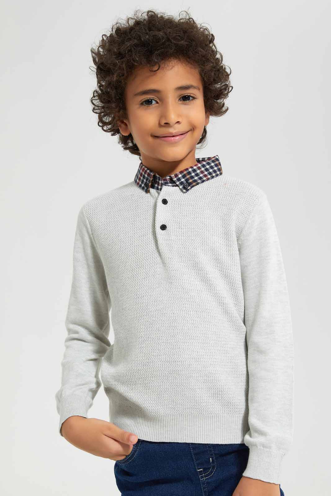 Redtag-Grey-Woven-Collar-Pullover-BOY-Pullovers,-Category:Pullovers,-Colour:Grey,-Deals:New-In,-Filter:Boys-(2-to-8-Yrs),-New-In-BOY-APL,-Non-Sale,-Section:Boys-(0-to-14Yrs),-W22A-Boys-2 to 8 Years