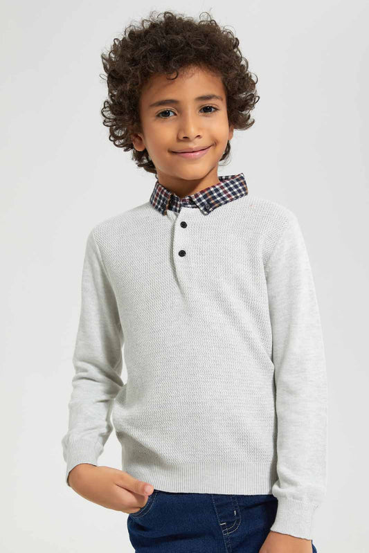Redtag-Grey-Woven-Collar-Pullover-BOY-Pullovers,-Category:Pullovers,-Colour:Grey,-Deals:New-In,-Filter:Boys-(2-to-8-Yrs),-New-In-BOY-APL,-Non-Sale,-Section:Boys-(0-to-14Yrs),-W22A-Boys-2 to 8 Years