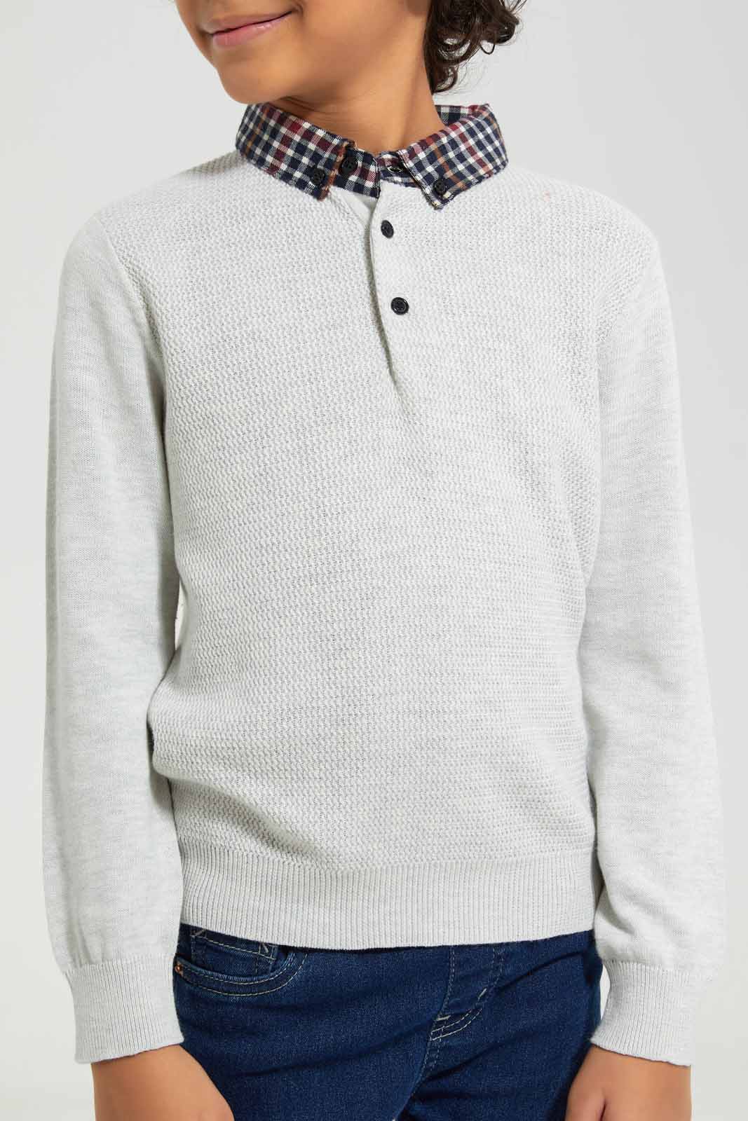 Redtag-Grey-Woven-Collar-Pullover-BOY-Pullovers,-Category:Pullovers,-Colour:Grey,-Deals:New-In,-Filter:Boys-(2-to-8-Yrs),-New-In-BOY-APL,-Non-Sale,-Section:Boys-(0-to-14Yrs),-W22A-Boys-2 to 8 Years