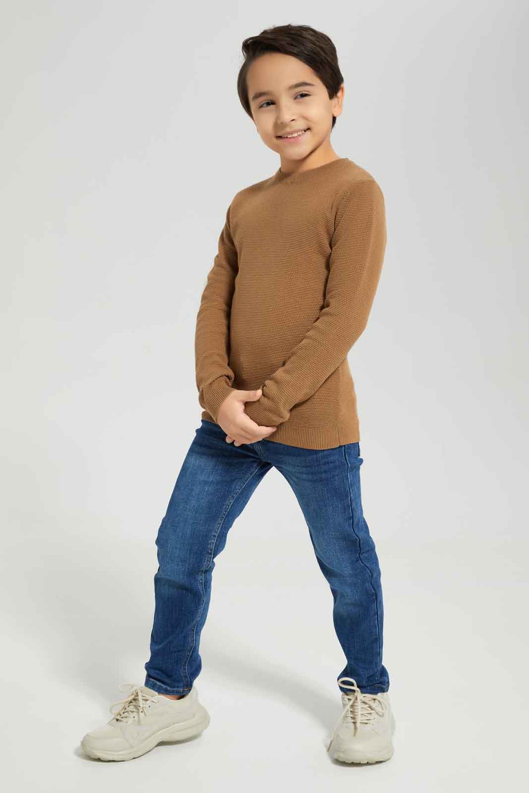 Redtag-Brown-Crewneck-Jumper-BOY-Pullovers,-Category:Pullovers,-Colour:Brown,-Deals:New-In,-Dept:Boys,-Filter:Boys-(2-to-8-Yrs),-New-In-BOY-APL,-Non-Sale,-Section:Boys-(0-to-14Yrs),-TBL,-W22B-Boys-2 to 8 Years
