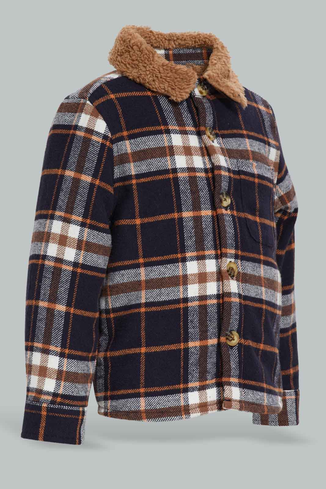 Redtag-Navy-With-Brown-Striped-Sherpa-Collar-Shakcekt-Category:Jackets,-Colour:Navy,-Deals:New-In,-EHW,-Filter:Infant-Boys-(3-to-24-Mths),-INB-Jackets,-New-In-INB-APL,-Non-Sale,-Section:Boys-(0-to-14Yrs),-W22B-Infant-Boys-3 to 24 Months