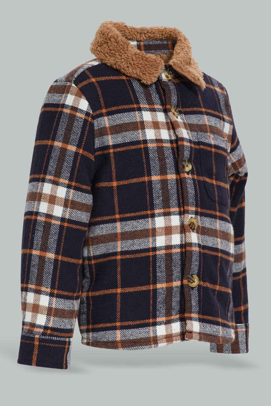 Redtag-Navy-With-Brown-Striped-Sherpa-Collar-Shakcekt-Category:Jackets,-Colour:Navy,-Deals:New-In,-EHW,-Filter:Infant-Boys-(3-to-24-Mths),-INB-Jackets,-New-In-INB-APL,-Non-Sale,-Section:Boys-(0-to-14Yrs),-W22B-Infant-Boys-3 to 24 Months
