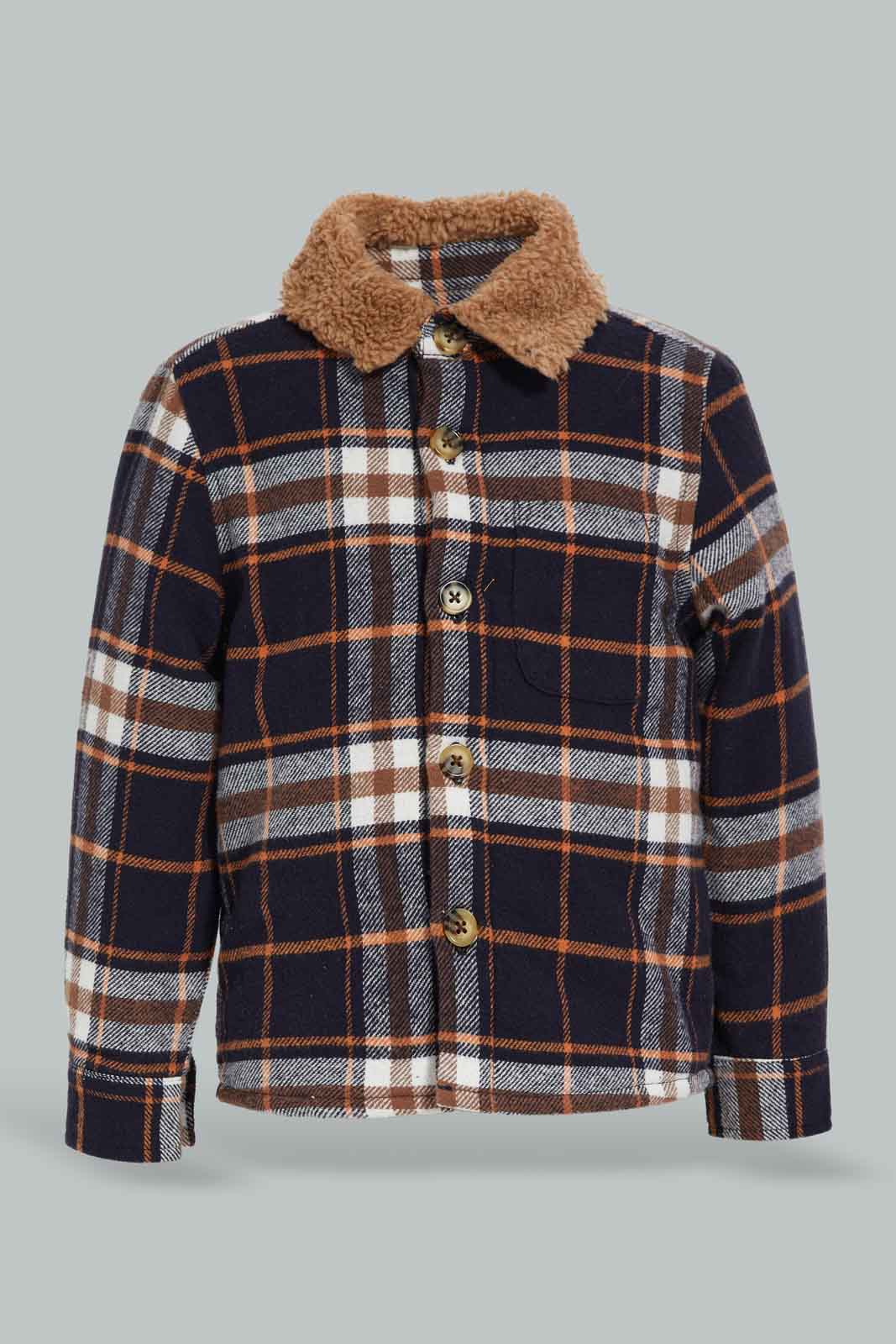 Redtag-Navy-With-Brown-Striped-Sherpa-Collar-Shakcekt-Category:Jackets,-Colour:Navy,-Deals:New-In,-EHW,-Filter:Infant-Boys-(3-to-24-Mths),-INB-Jackets,-New-In-INB-APL,-Non-Sale,-Section:Boys-(0-to-14Yrs),-W22B-Infant-Boys-3 to 24 Months