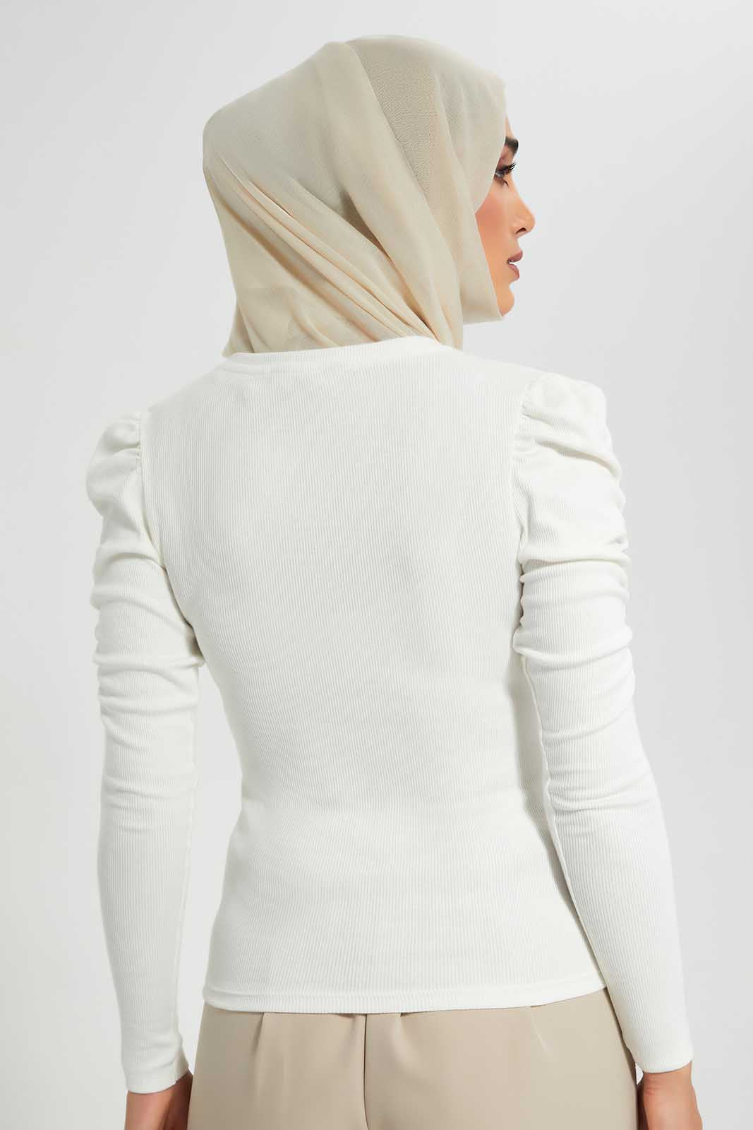 White Ribbed Top With Puff Sleeve