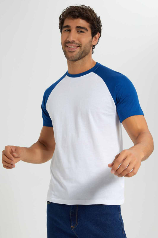 Redtag-White/Blue-Reglan-Sleeve-T-Shirt-Category:T-Shirts,-Colour:White,-Deals:New-In,-Filter:Men's-Clothing,-Men-T-Shirts,-New-In-Men-APL,-Non-Sale,-Section:Men,-TBL,-W22O-Men's-