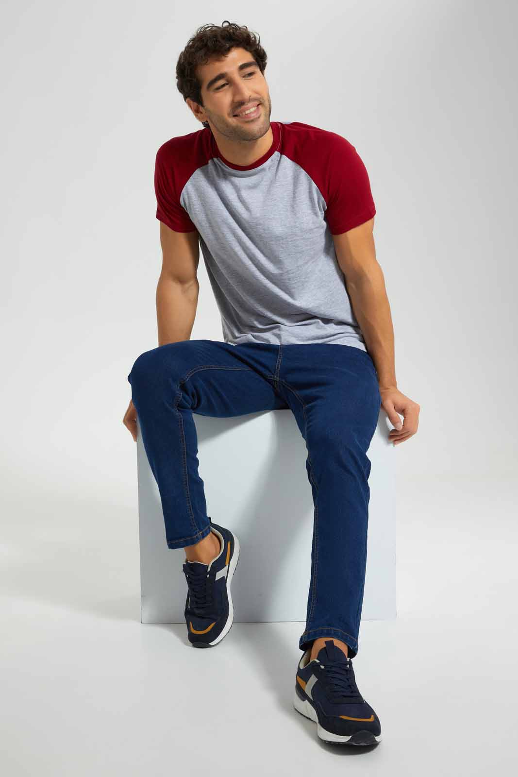 Redtag-Grey/Burgandy-Reglan-Sleeve-T-Shirt-Category:T-Shirts,-Colour:Grey,-Deals:New-In,-Filter:Men's-Clothing,-Men-T-Shirts,-New-In-Men-APL,-Non-Sale,-Section:Men,-TBL,-W22O-Men's-