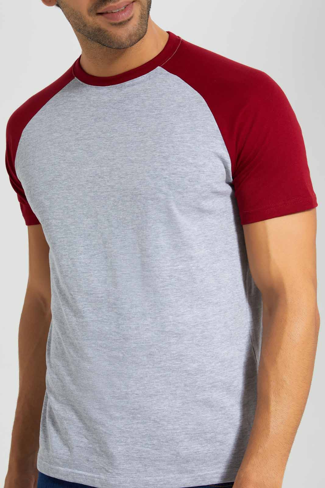 Redtag-Grey/Burgandy-Reglan-Sleeve-T-Shirt-Category:T-Shirts,-Colour:Grey,-Deals:New-In,-Filter:Men's-Clothing,-Men-T-Shirts,-New-In-Men-APL,-Non-Sale,-Section:Men,-TBL,-W22O-Men's-