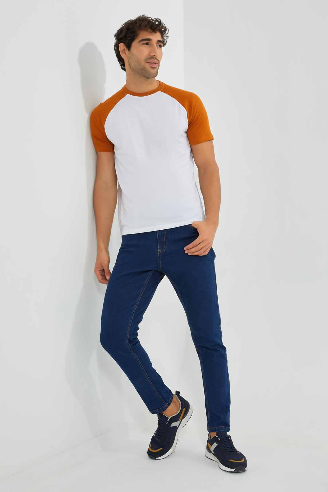 Redtag-White/Rust-Reglan-Sleeve-T-Shirt-Category:T-Shirts,-Colour:White,-Deals:New-In,-Filter:Men's-Clothing,-Men-T-Shirts,-New-In-Men-APL,-Non-Sale,-Section:Men,-TBL,-W22O-Men's-