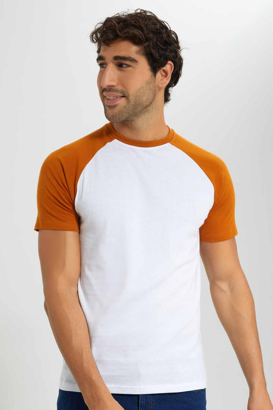 Redtag-White/Rust-Reglan-Sleeve-T-Shirt-Category:T-Shirts,-Colour:White,-Deals:New-In,-Filter:Men's-Clothing,-Men-T-Shirts,-New-In-Men-APL,-Non-Sale,-Section:Men,-TBL,-W22O-Men's-