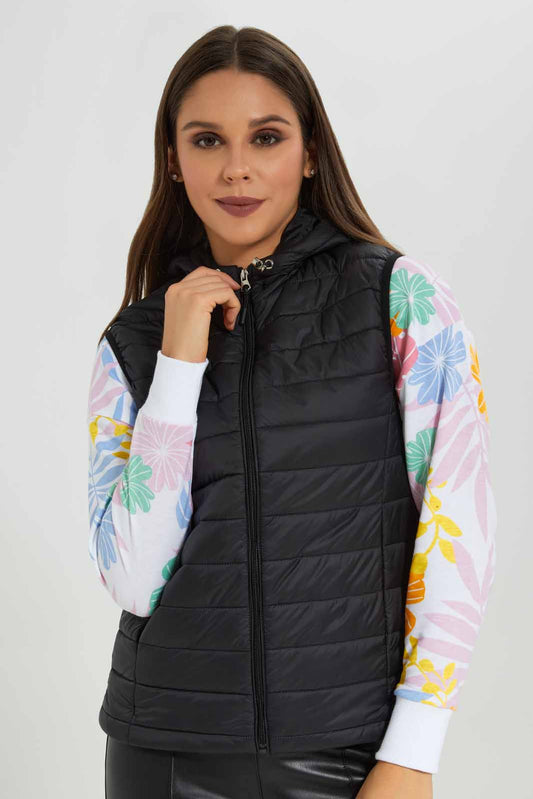 Redtag-Black-Quilted-Sleeveless-Padded-Jacket-With-Hoodie-Category:Jackets,-Colour:Black,-Deals:New-In,-EHW,-Filter:Women's-Clothing,-New-In-Women-APL,-Non-Sale,-Section:Women,-W22B,-Women-Jackets-Women's-