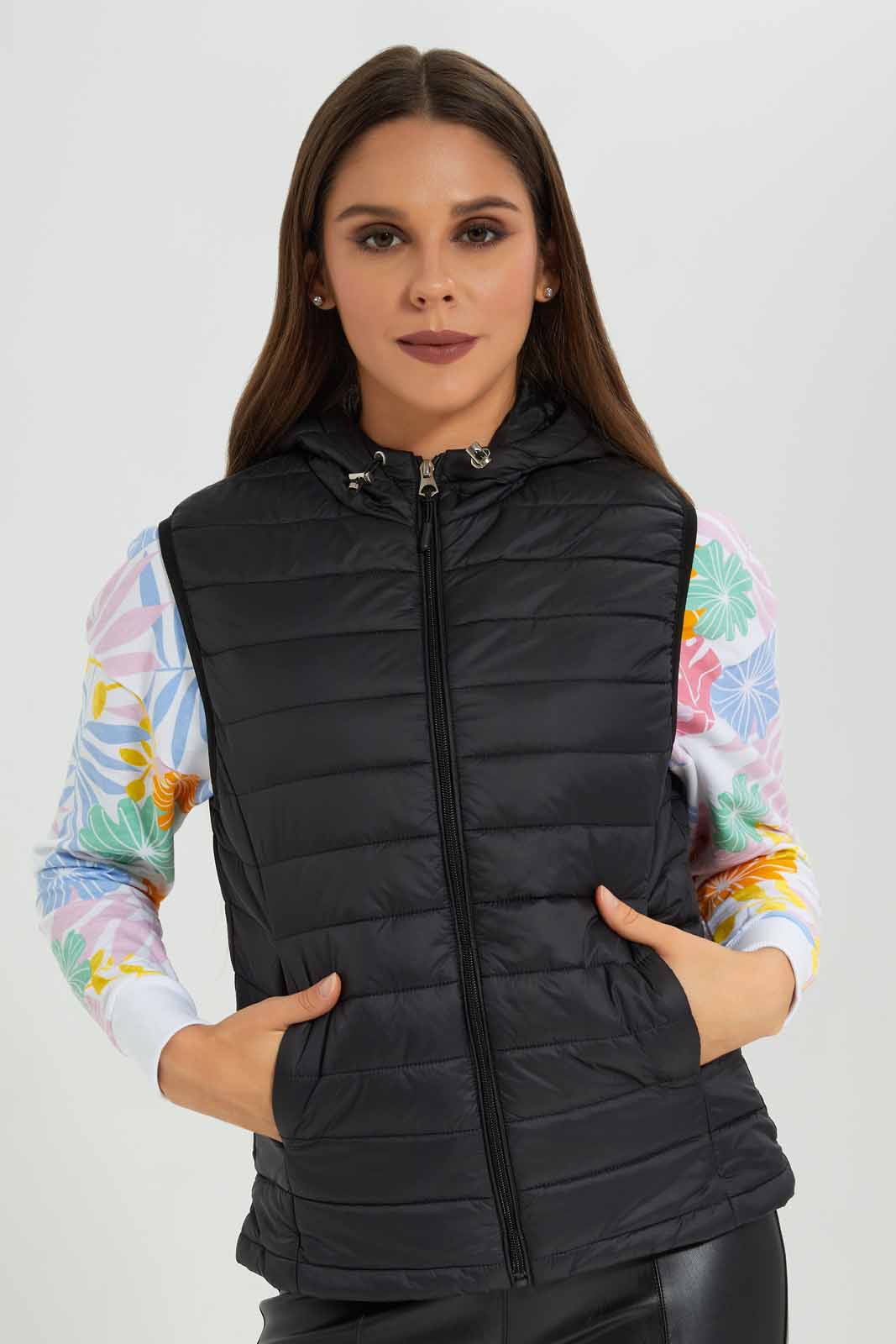 Redtag-Black-Quilted-Sleeveless-Padded-Jacket-With-Hoodie-Category:Jackets,-Colour:Black,-Deals:New-In,-EHW,-Filter:Women's-Clothing,-New-In-Women-APL,-Non-Sale,-Section:Women,-W22B,-Women-Jackets-Women's-