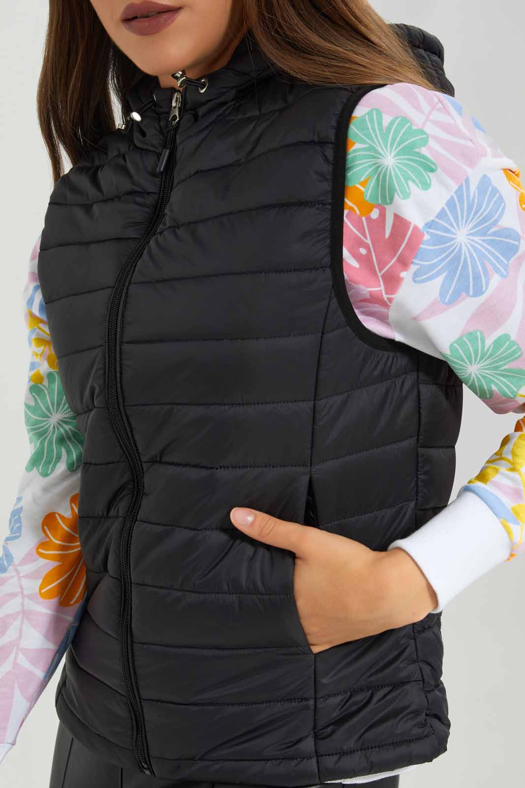 Redtag-Black-Quilted-Sleeveless-Padded-Jacket-With-Hoodie-Category:Jackets,-Colour:Black,-Deals:New-In,-EHW,-Filter:Women's-Clothing,-New-In-Women-APL,-Non-Sale,-Section:Women,-W22B,-Women-Jackets-Women's-
