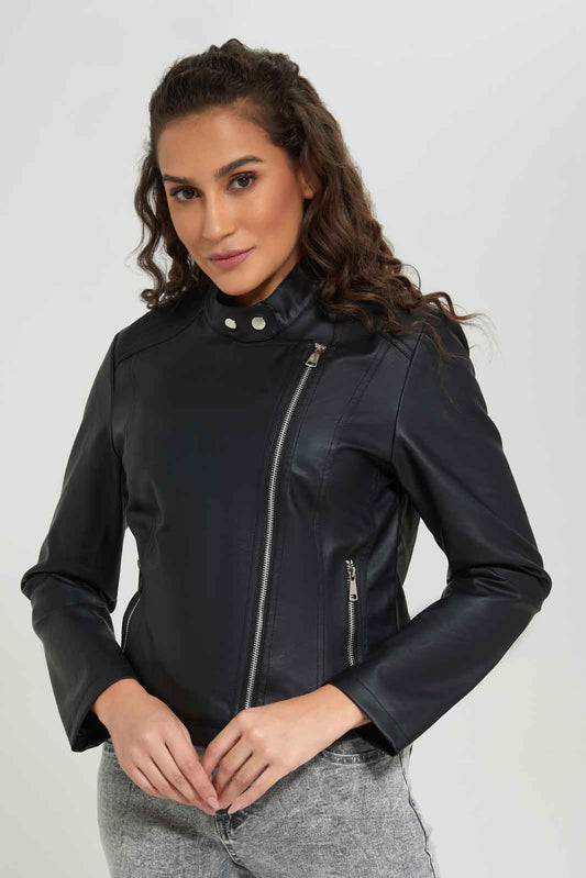 Redtag-Black-Biker-Faux-Leather-Jacket-Category:Jackets,-Colour:Black,-Deals:New-In,-EHW,-Filter:Women's-Clothing,-New-In-Women-APL,-Non-Sale,-Section:Women,-W22B,-Women-Jackets-Women's-