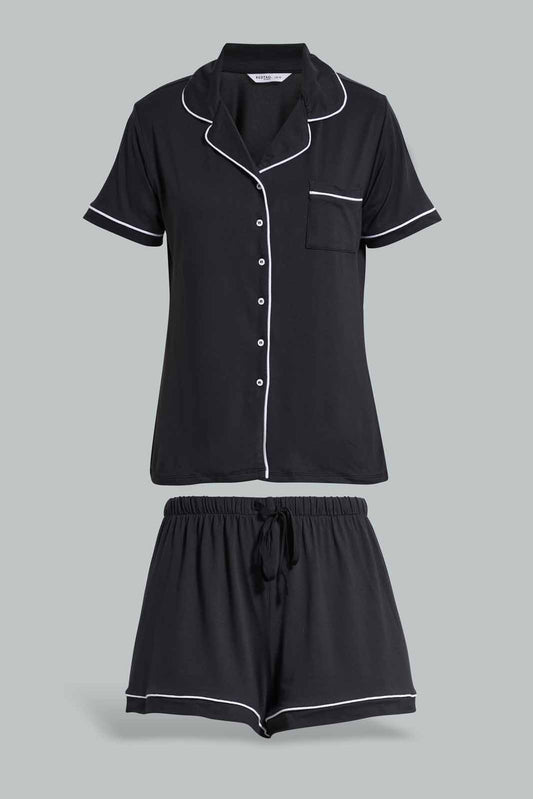Redtag-Black-Classic-Short-Set-Category:Pyjama-Sets,-Colour:Black,-Deals:New-In,-Filter:Women's-Clothing,-New-In-Women-APL,-Non-Sale,-Section:Women,-W22O,-Women-Pyjama-Sets--