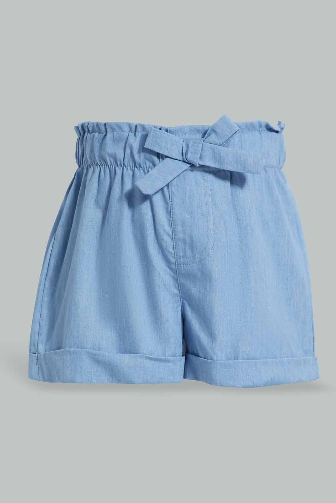 Redtag-Light-Wash-Denim-Front-Bow-Shorts-Category:Shorts,-Colour:Light-Wash,-Deals:New-In,-Filter:Infant-Girls-(3-to-24-Mths),-ING-Shorts,-New-In-ING-APL,-Non-Sale,-Section:Girls-(0-to-14Yrs),-W22O-Infant-Girls-3 to 24 Months