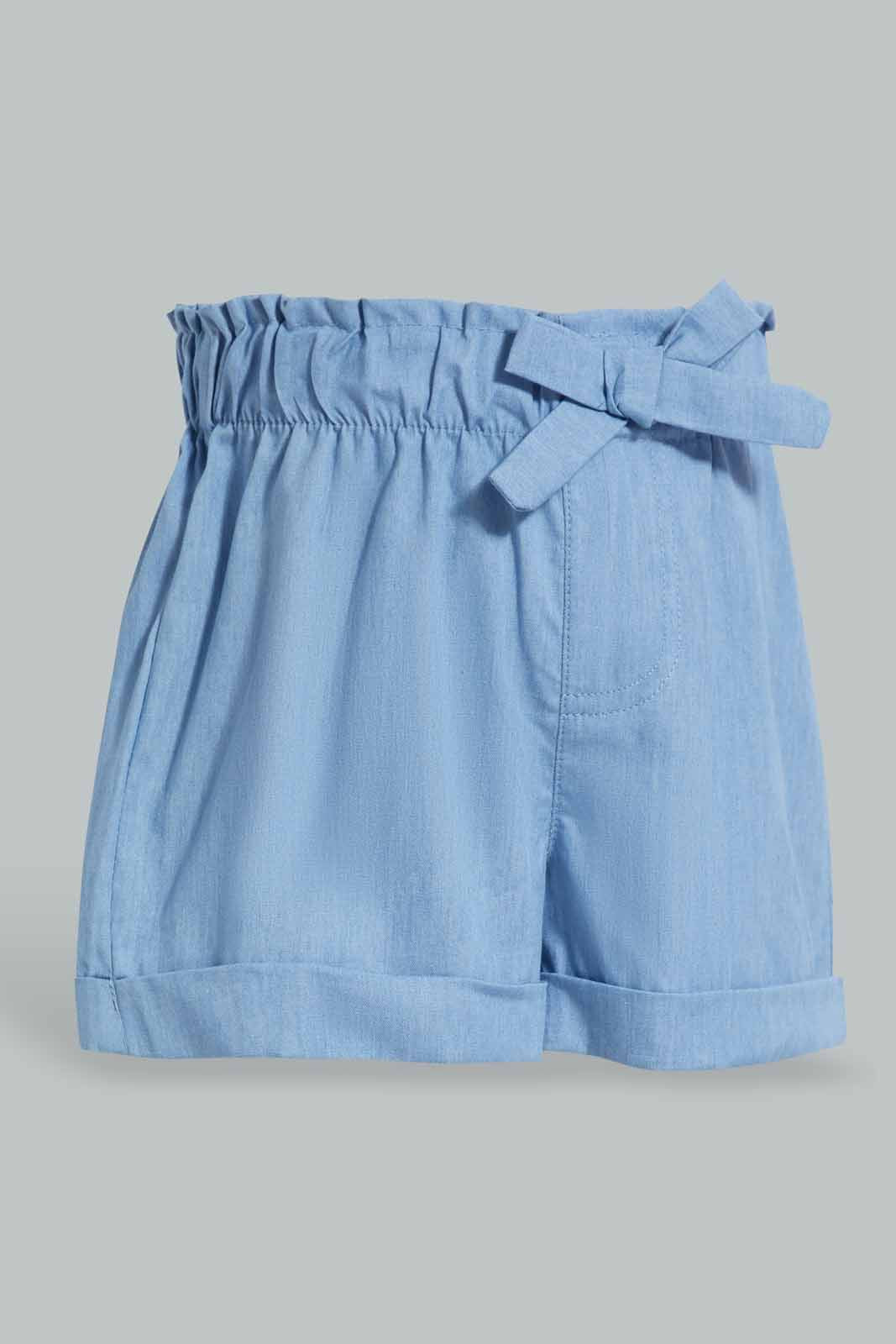 Redtag-Light-Wash-Denim-Front-Bow-Shorts-Category:Shorts,-Colour:Light-Wash,-Deals:New-In,-Filter:Infant-Girls-(3-to-24-Mths),-ING-Shorts,-New-In-ING-APL,-Non-Sale,-Section:Girls-(0-to-14Yrs),-W22O-Infant-Girls-3 to 24 Months