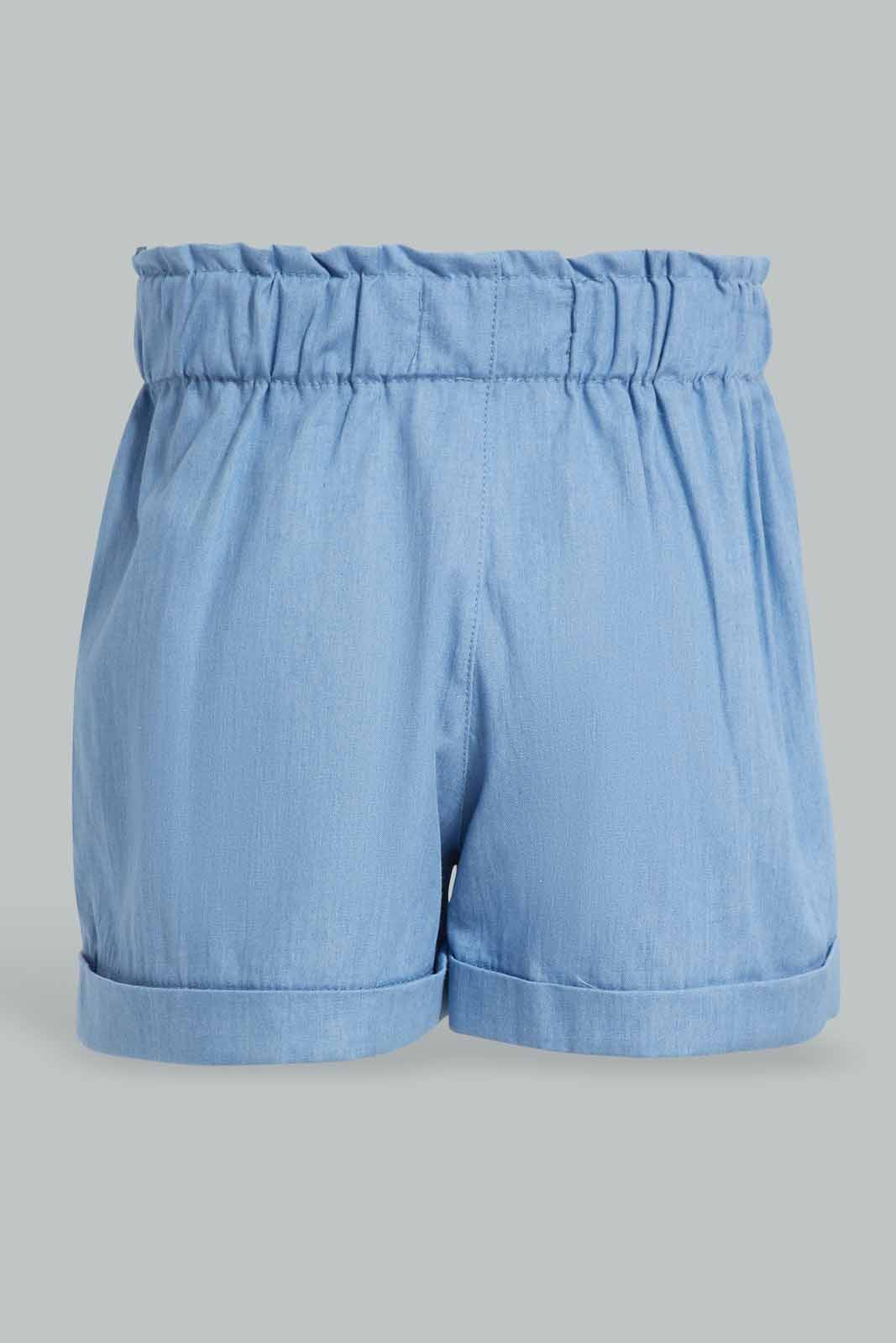 Redtag-Light-Wash-Denim-Front-Bow-Shorts-Category:Shorts,-Colour:Light-Wash,-Deals:New-In,-Filter:Infant-Girls-(3-to-24-Mths),-ING-Shorts,-New-In-ING-APL,-Non-Sale,-Section:Girls-(0-to-14Yrs),-W22O-Infant-Girls-3 to 24 Months