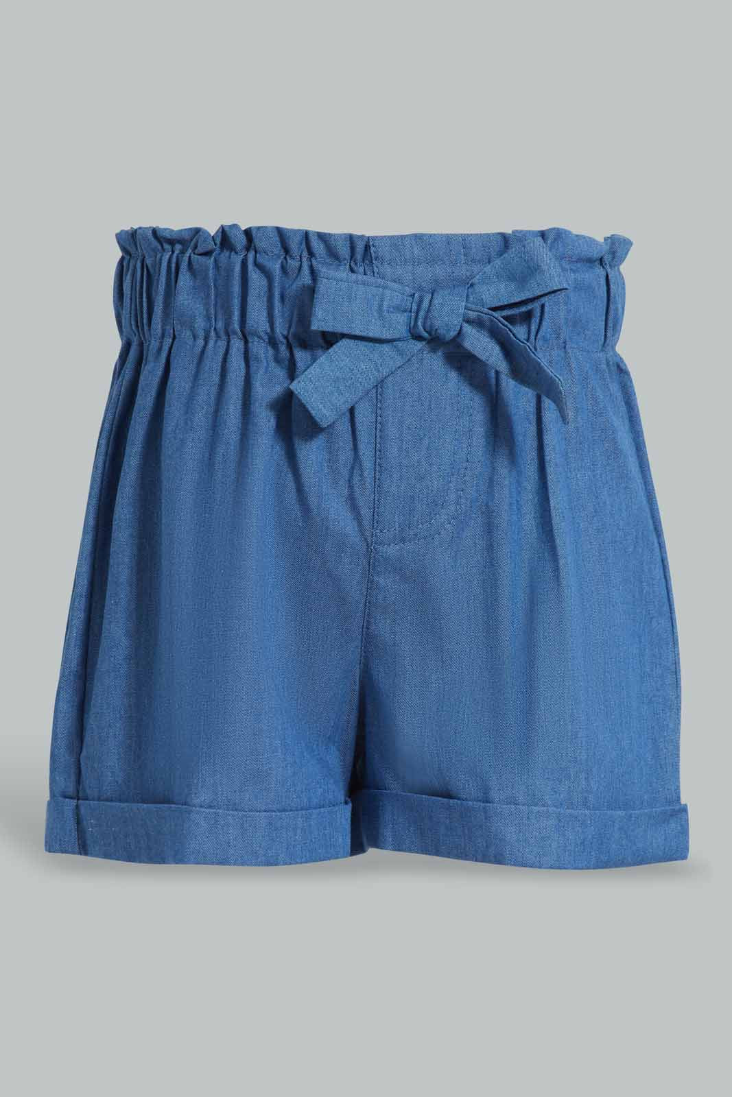 Redtag-Dark-Wash-Denim-Front-Bow-Shorts-Category:Shorts,-Colour:Dark-Wash,-Deals:New-In,-Filter:Infant-Girls-(3-to-24-Mths),-ING-Shorts,-New-In-ING-APL,-Non-Sale,-Section:Girls-(0-to-14Yrs),-W22O-Infant-Girls-3 to 24 Months