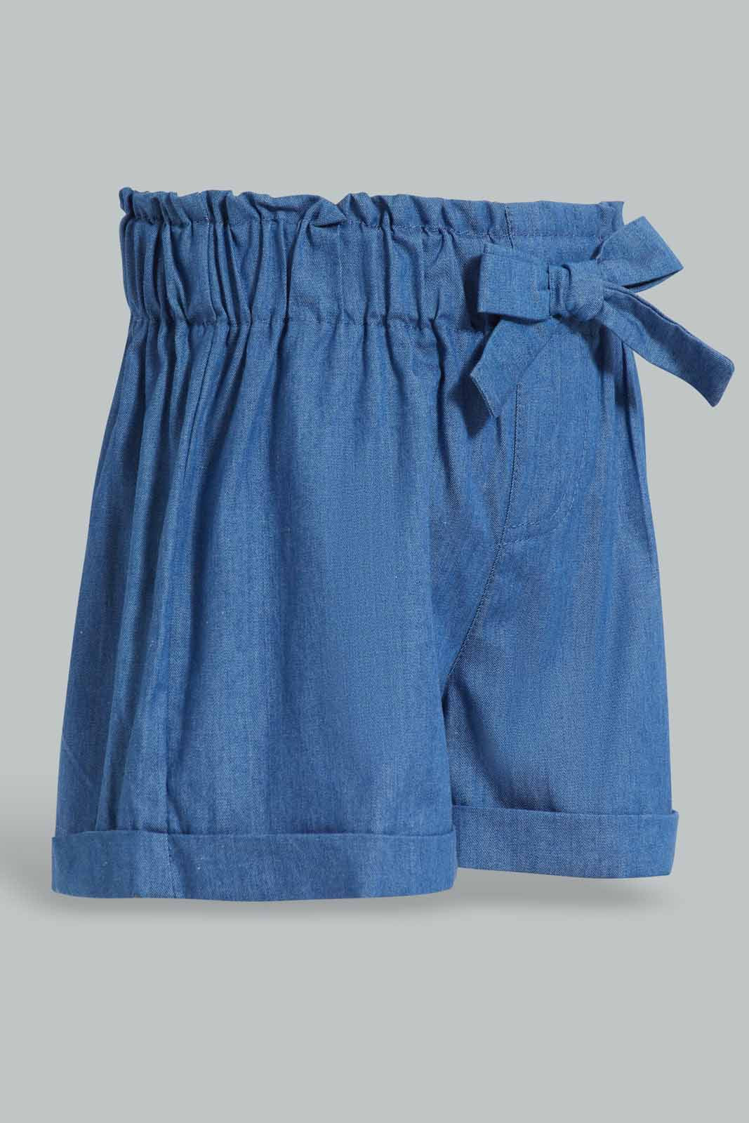 Redtag-Dark-Wash-Denim-Front-Bow-Shorts-Category:Shorts,-Colour:Dark-Wash,-Deals:New-In,-Filter:Infant-Girls-(3-to-24-Mths),-ING-Shorts,-New-In-ING-APL,-Non-Sale,-Section:Girls-(0-to-14Yrs),-W22O-Infant-Girls-3 to 24 Months