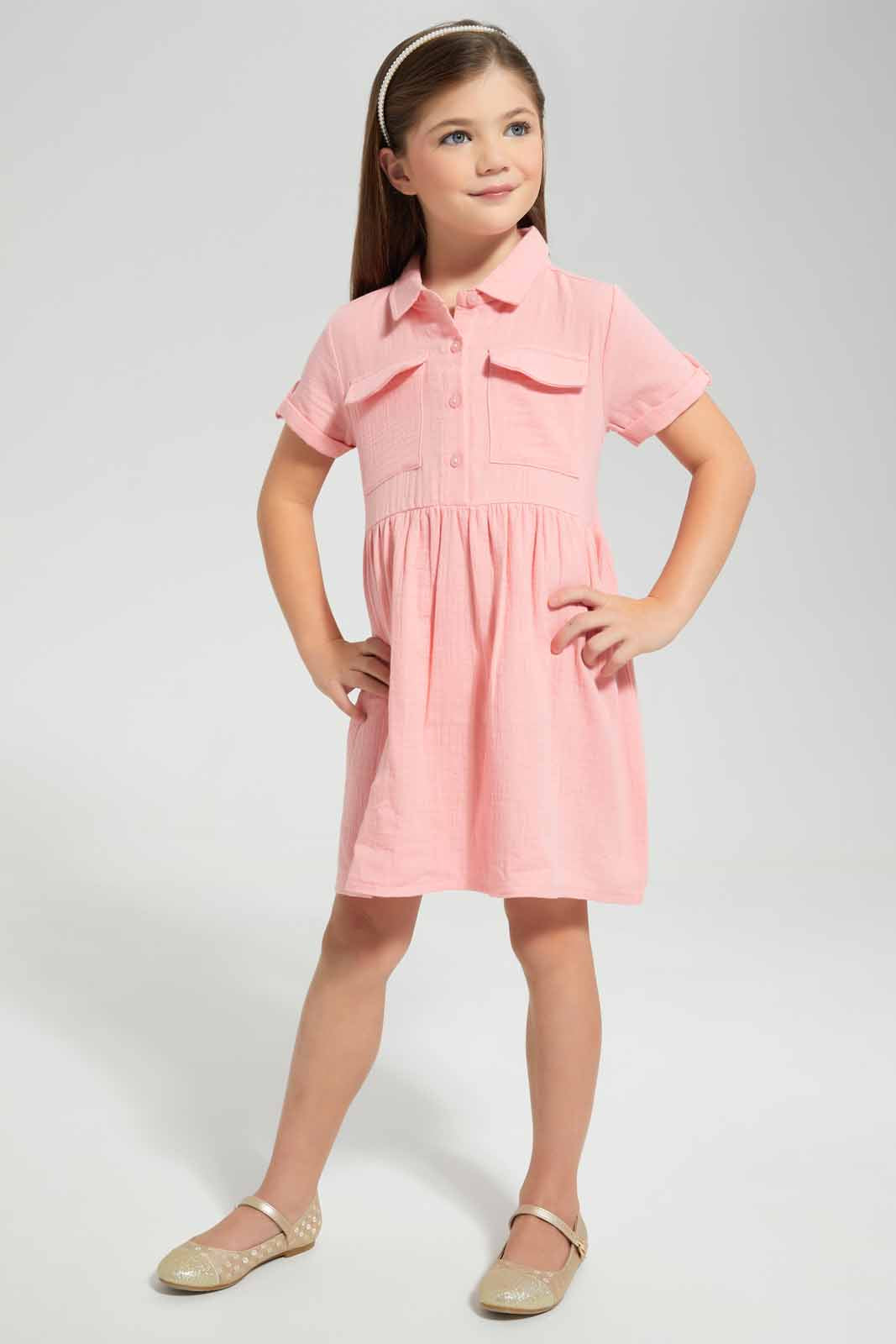 Redtag-Pink-Muslin-Dress-Category:Dresses,-Colour:Apricot,-Deals:New-In,-Filter:Girls-(2-to-8-Yrs),-GIR-Dresses,-New-In-GIR-APL,-Non-Sale,-Section:Girls-(0-to-14Yrs),-W22O-Girls-2 to 8 Years