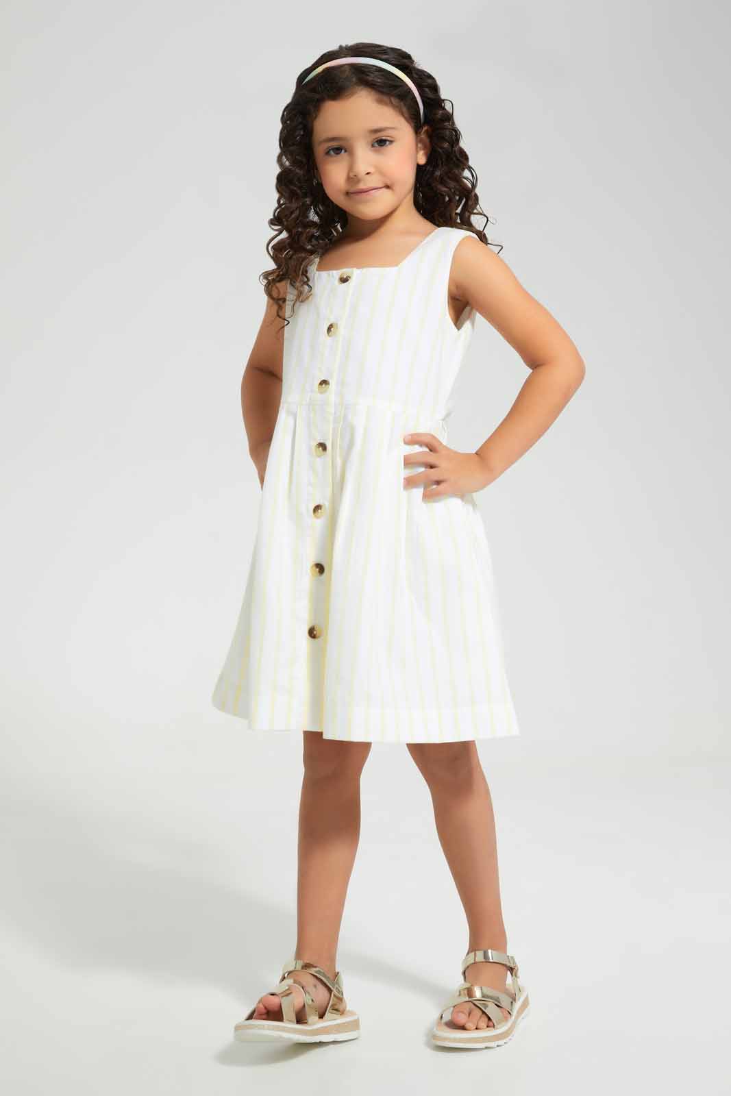 Redtag-Yellow-Stripe-Dress-Category:Dresses,-Colour:Yellow,-Deals:New-In,-Filter:Girls-(2-to-8-Yrs),-GIR-Dresses,-New-In-GIR-APL,-Non-Sale,-Section:Girls-(0-to-14Yrs),-W22O-Girls-2 to 8 Years