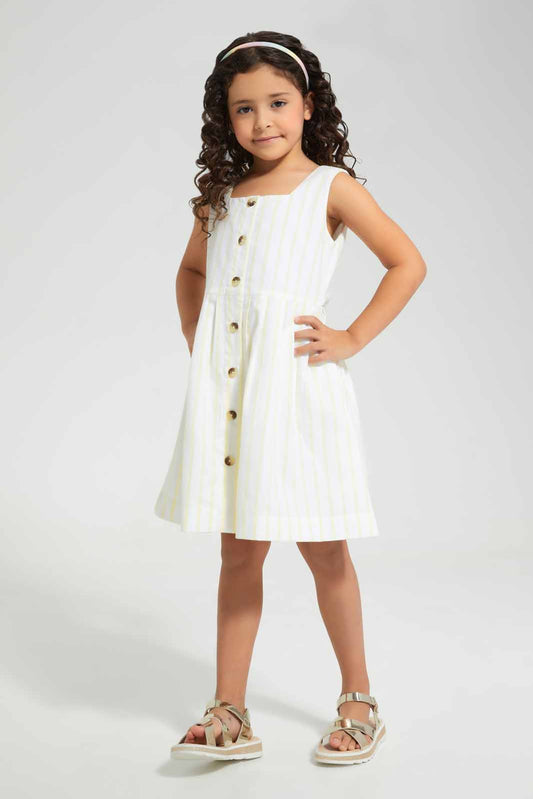 Redtag-Yellow-Stripe-Dress-Category:Dresses,-Colour:Yellow,-Deals:New-In,-Filter:Girls-(2-to-8-Yrs),-GIR-Dresses,-New-In-GIR-APL,-Non-Sale,-Section:Girls-(0-to-14Yrs),-W22O-Girls-2 to 8 Years