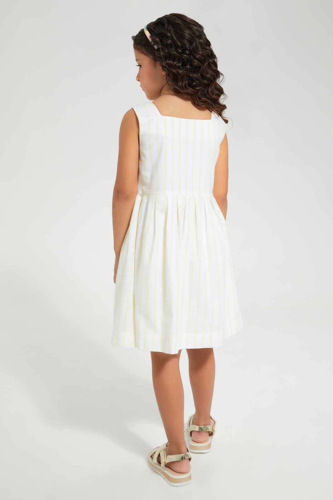 Redtag-Yellow-Stripe-Dress-Category:Dresses,-Colour:Yellow,-Deals:New-In,-Filter:Girls-(2-to-8-Yrs),-GIR-Dresses,-New-In-GIR-APL,-Non-Sale,-Section:Girls-(0-to-14Yrs),-W22O-Girls-2 to 8 Years