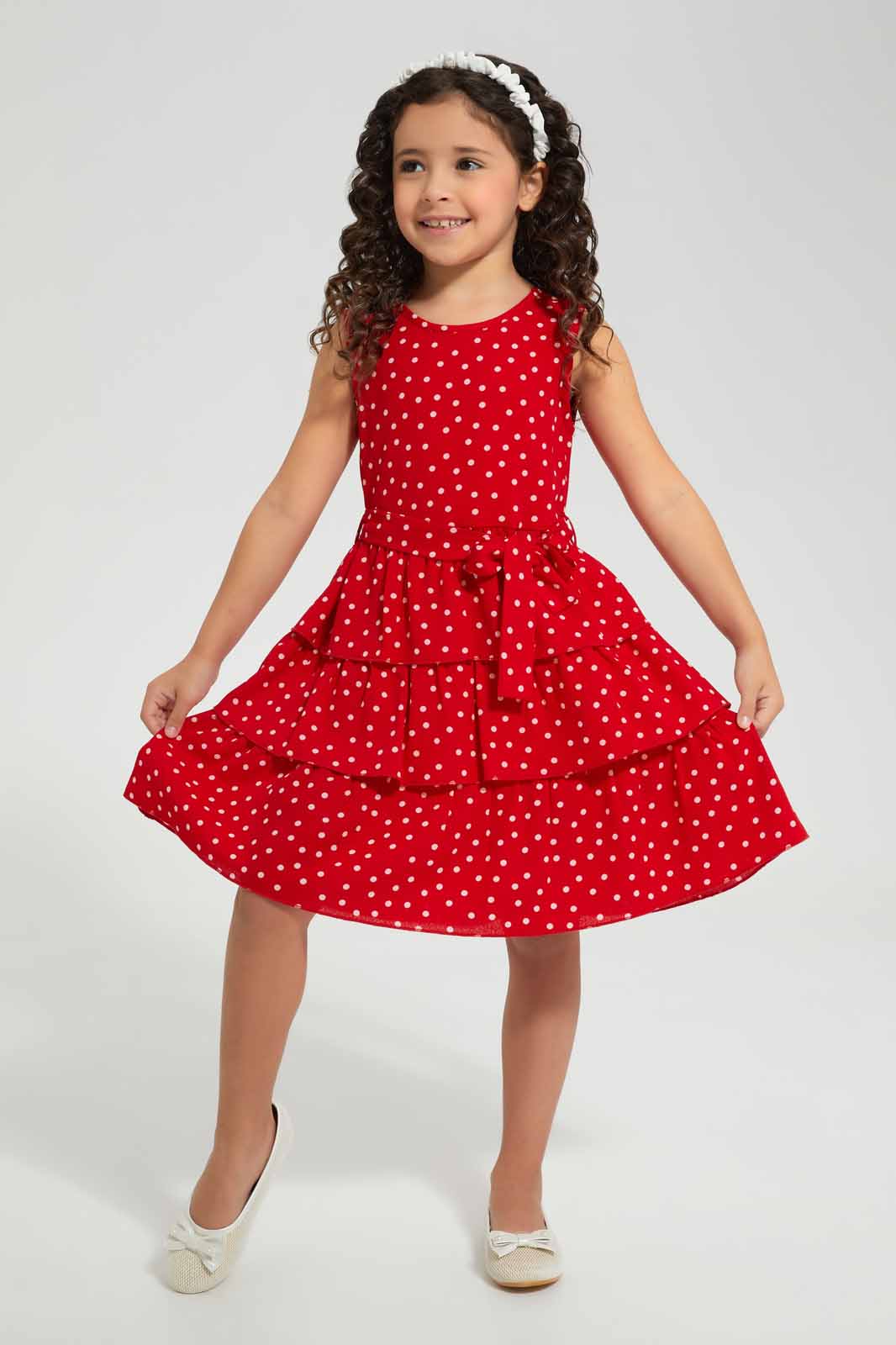 Redtag-Red-Polka-Dot-Dress-Category:Dresses,-Colour:Red,-Deals:New-In,-Filter:Girls-(2-to-8-Yrs),-GIR-Dresses,-New-In-GIR-APL,-Non-Sale,-Section:Girls-(0-to-14Yrs),-W22O-Girls-2 to 8 Years