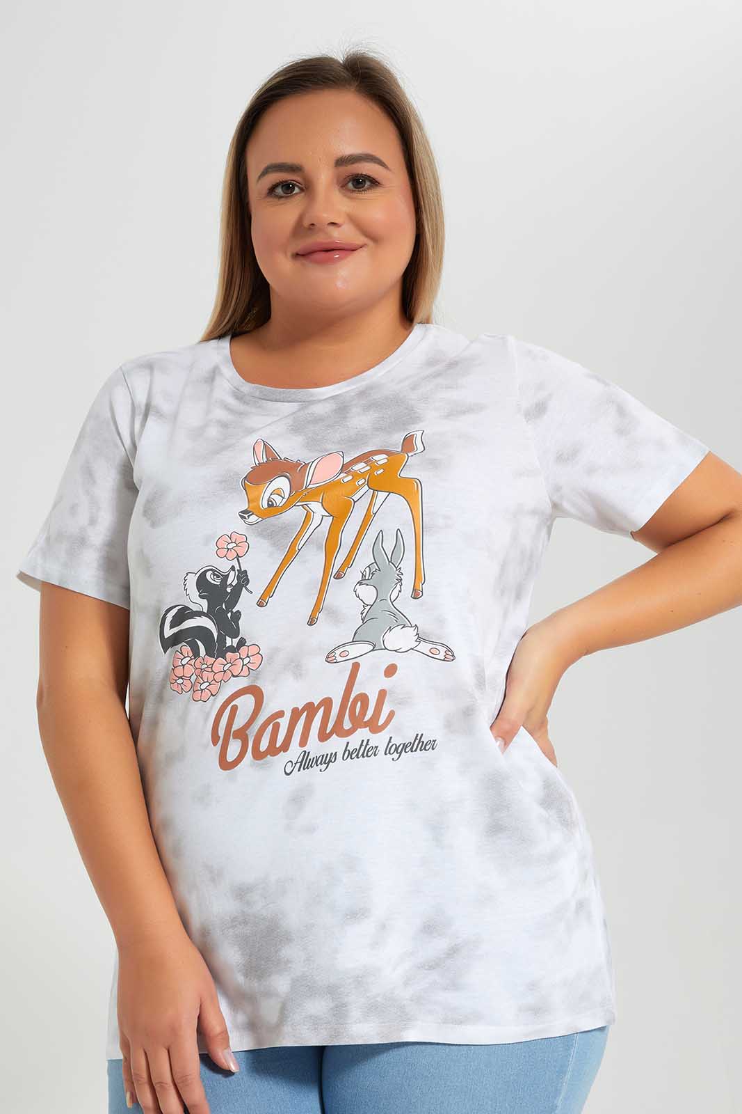 Redtag-Grey-Bambi-Character-T-Shirt-Category:T-Shirts,-Colour:Grey,-Deals:New-In,-Filter:Plus-Size,-LDP-T-Shirts,-New-In-LDP-APL,-Non-Sale,-Section:Women,-TBL,-W22O-Women's-