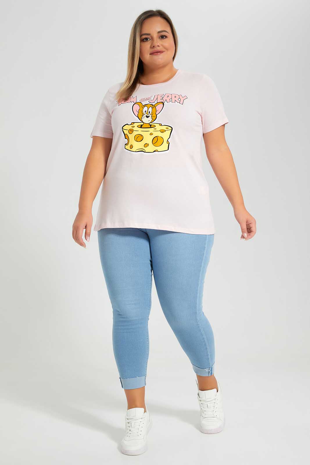 Redtag-Pink-Tom&Jerry-Character-T-Shirt-Category:T-Shirts,-CHR,-Colour:Apricot,-Deals:New-In,-Filter:Plus-Size,-LDP-T-Shirts,-New-In-LDP-APL,-Non-Sale,-Section:Women,-TBL,-W22O-Women's-