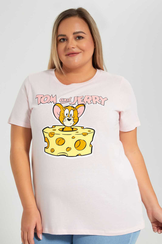 Redtag-Pink-Tom&Jerry-Character-T-Shirt-Category:T-Shirts,-CHR,-Colour:Apricot,-Deals:New-In,-Filter:Plus-Size,-LDP-T-Shirts,-New-In-LDP-APL,-Non-Sale,-Section:Women,-TBL,-W22O-Women's-