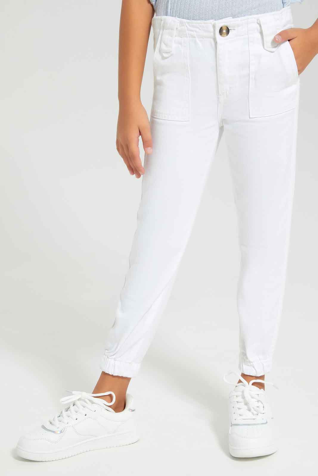 Redtag-White-Twill-Jogger-With-Front-Patch-Pockets-Category:Jeans,-Colour:White,-Deals:New-In,-Filter:Girls-(2-to-8-Yrs),-FIT-WALL-(FTW),-GIR-Jeans,-New-In-GIR-APL,-Non-Sale,-Section:Girls-(0-to-14Yrs),-W22A-Girls-2 to 8 Years