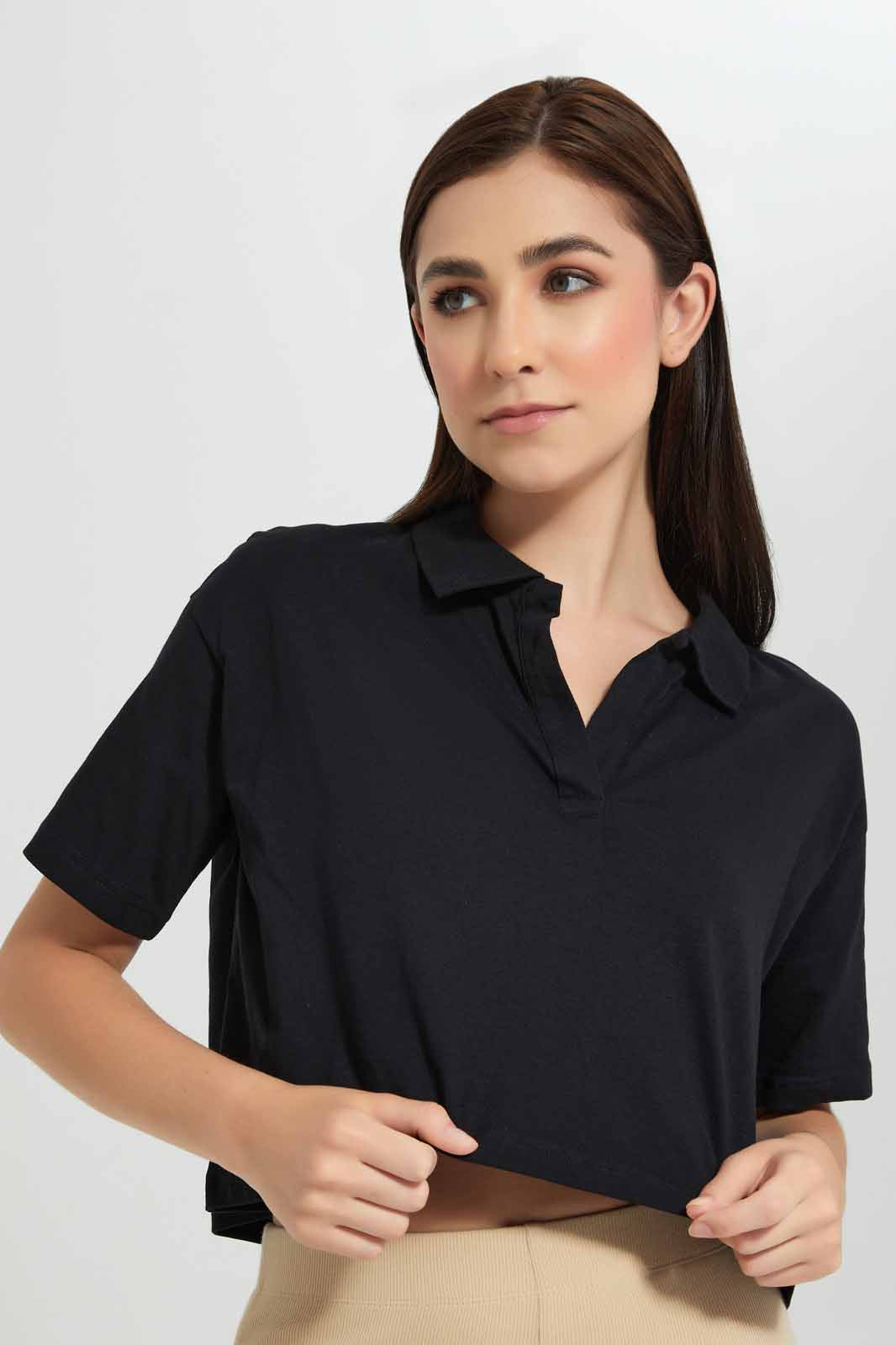 Redtag-Black-Cropped-Polo-Shirt-Category:T-Shirts,-Colour:Black,-Deals:New-In,-Filter:Women's-Clothing,-New-In-Women-APL,-Non-Sale,-Section:Women,-W22O,-Women-T-Shirts-Women's-