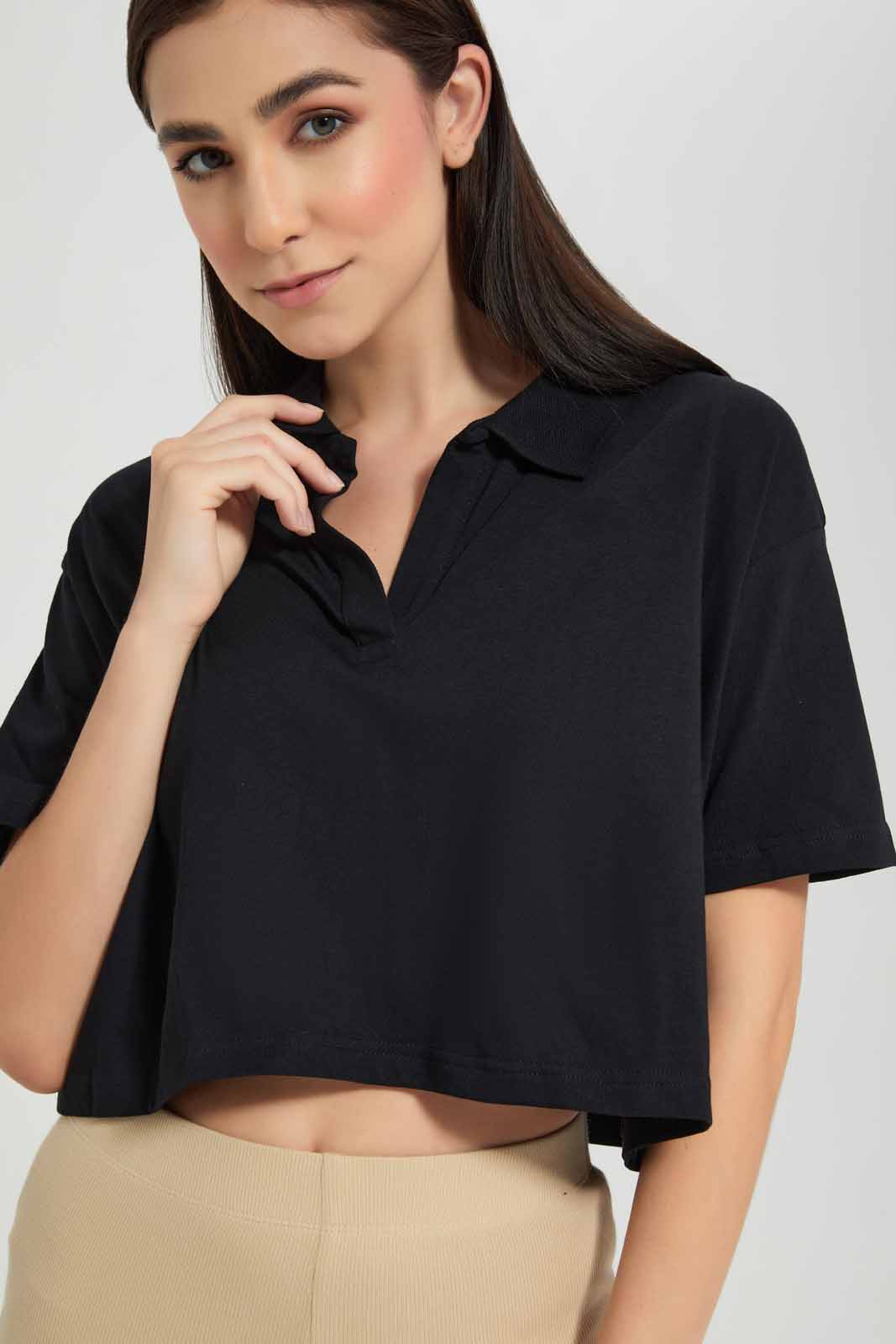 Redtag-Black-Cropped-Polo-Shirt-Category:T-Shirts,-Colour:Black,-Deals:New-In,-Filter:Women's-Clothing,-New-In-Women-APL,-Non-Sale,-Section:Women,-W22O,-Women-T-Shirts-Women's-