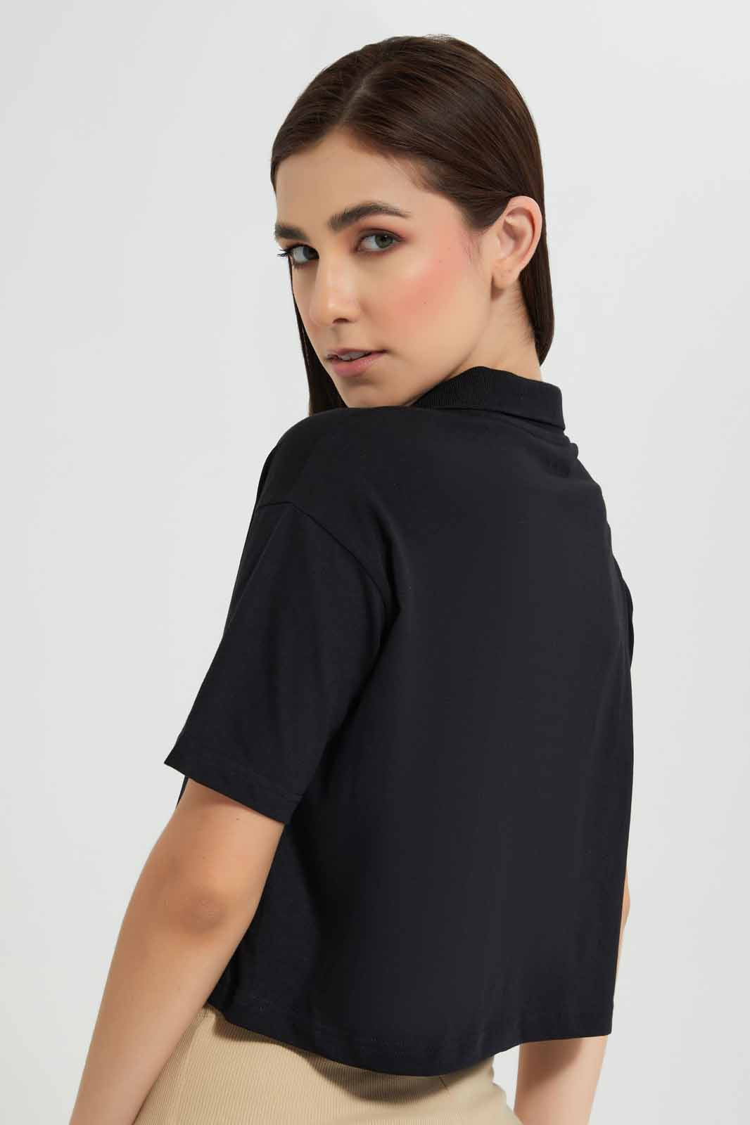 Redtag-Black-Cropped-Polo-Shirt-Category:T-Shirts,-Colour:Black,-Deals:New-In,-Filter:Women's-Clothing,-New-In-Women-APL,-Non-Sale,-Section:Women,-W22O,-Women-T-Shirts-Women's-