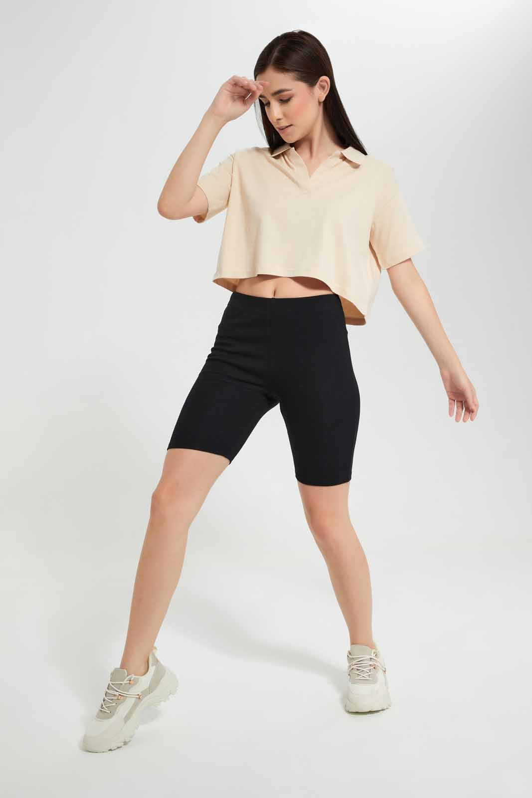 Redtag-Beige-Cropped-Polo-Shirt-Category:T-Shirts,-Colour:Beige,-Deals:New-In,-Filter:Women's-Clothing,-New-In-Women,-Non-Sale,-Section:Women,-W22O,-Women-T-Shirts-Women's-